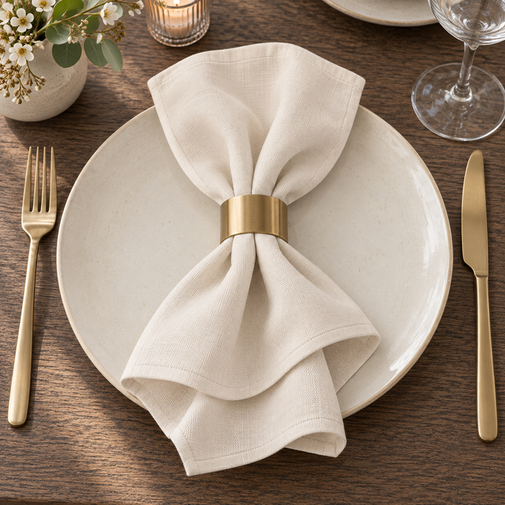 Beige Panama napkin gathered with a gold-coloured napkin ring on a plate in a wooden-table setting.