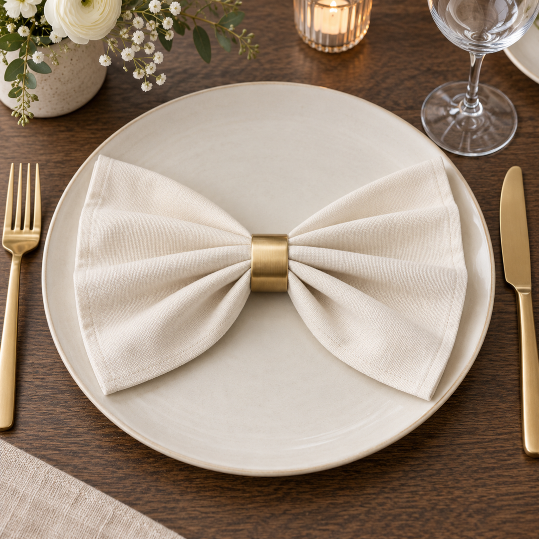 Beige Panama napkin arranged as a bow with a gold-coloured ring on a plate in a wooden-table setting.