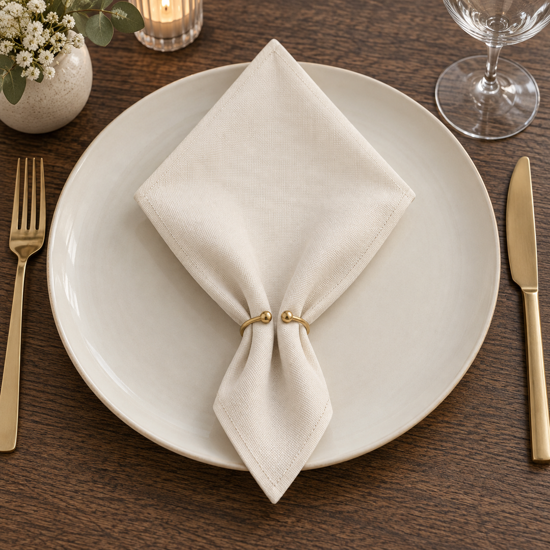 Beige Panama napkin in a pointed fold with a small ring on a light plate.