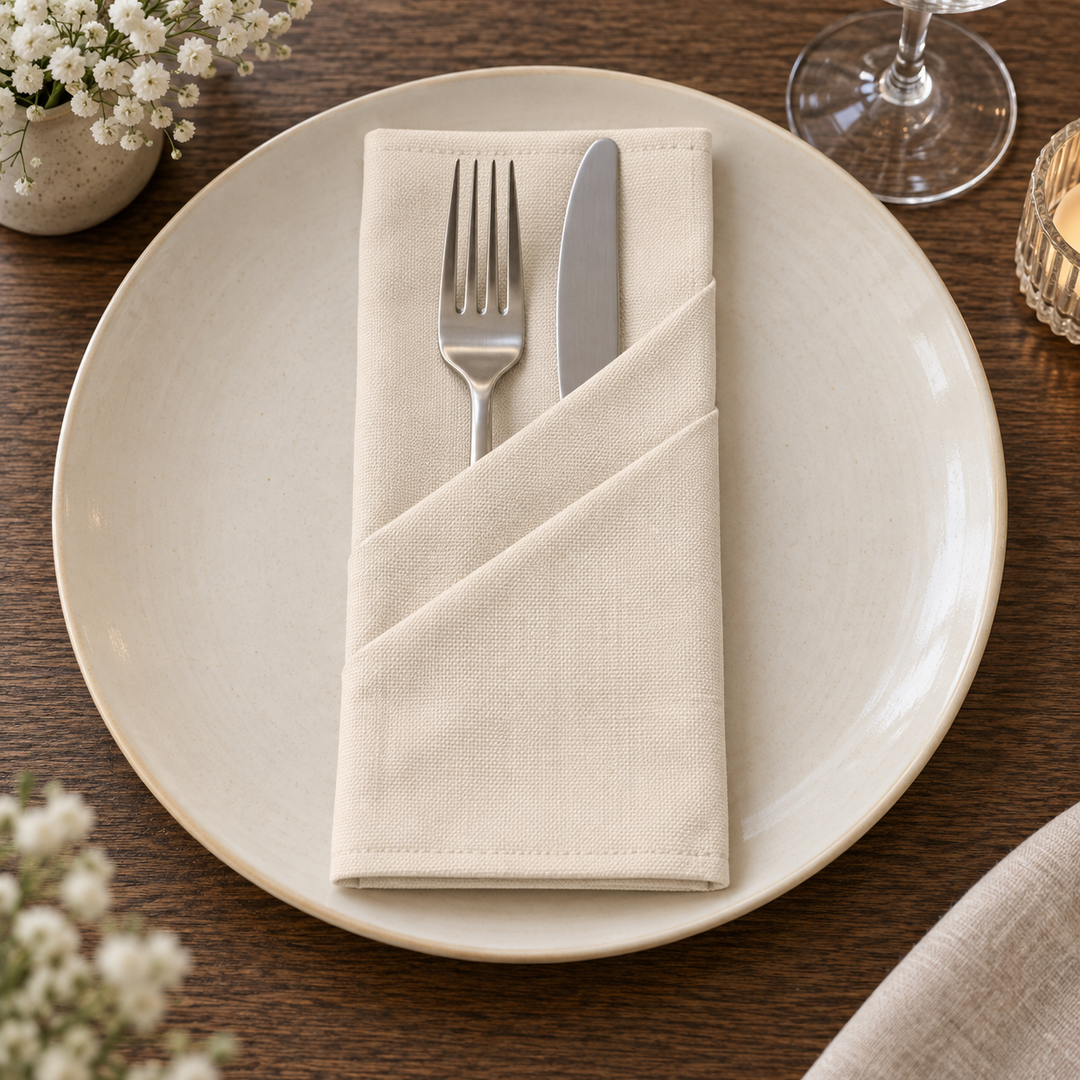 Beige Panama napkin folded into a diagonal cutlery pocket holding a fork and knife on a plate.