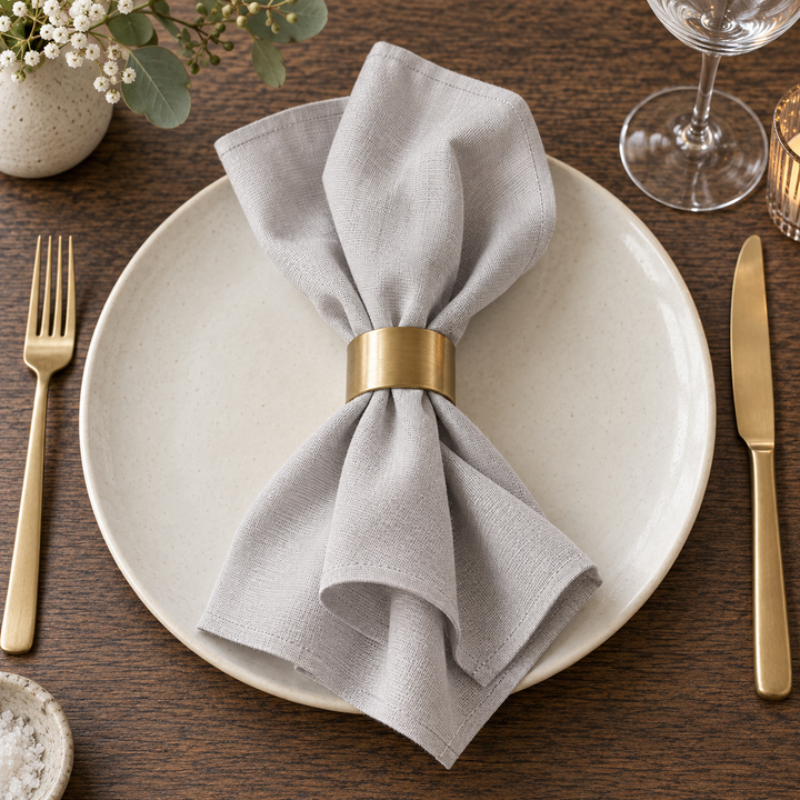 Grey Panama napkin gathered through a gold-coloured ring on a light plate beside matching cutlery.