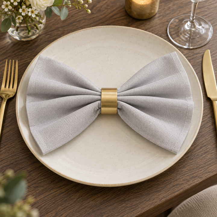 Grey Panama napkin folded into a bow with a gold-coloured ring on a light plate.