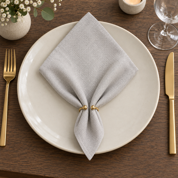 Grey Panama napkin in a pointed fold held by a small gold-coloured ring on a plate.