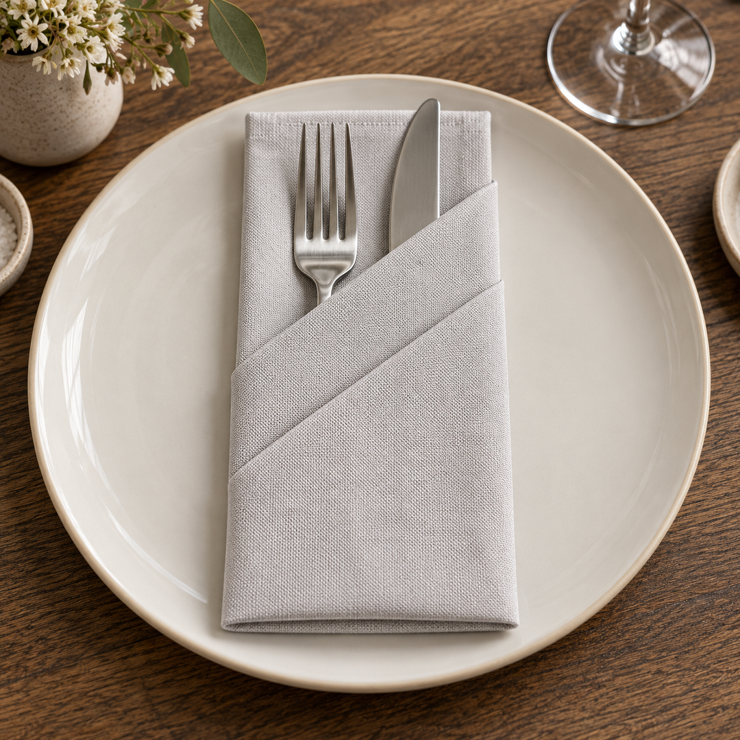 Grey Panama napkin with diagonal folds forming a pocket for a fork and knife on a light plate.