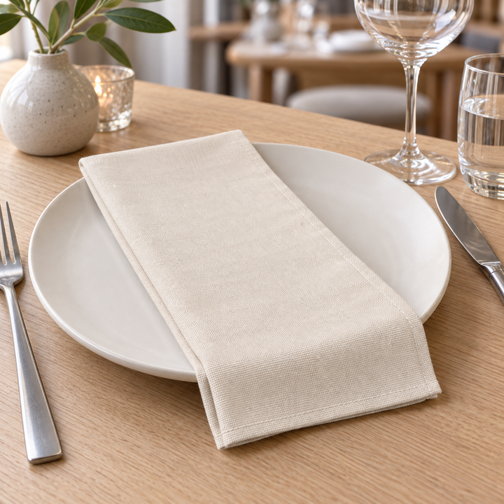 Close-up of the beige napkin’s weave and hem on a white plate beside cutlery.