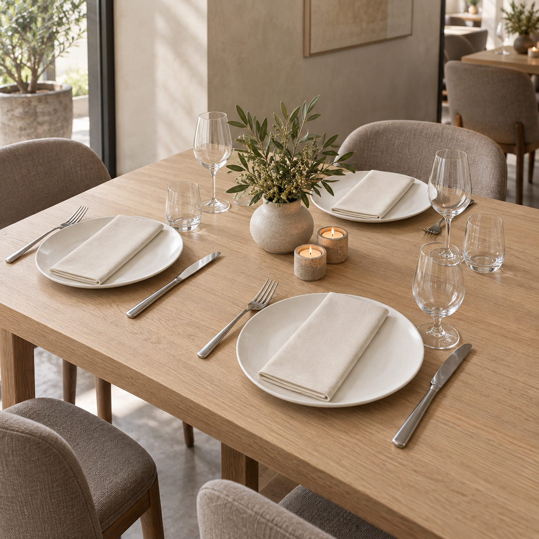 Beige napkins folded on white plates around a wooden table with a vase and candles.