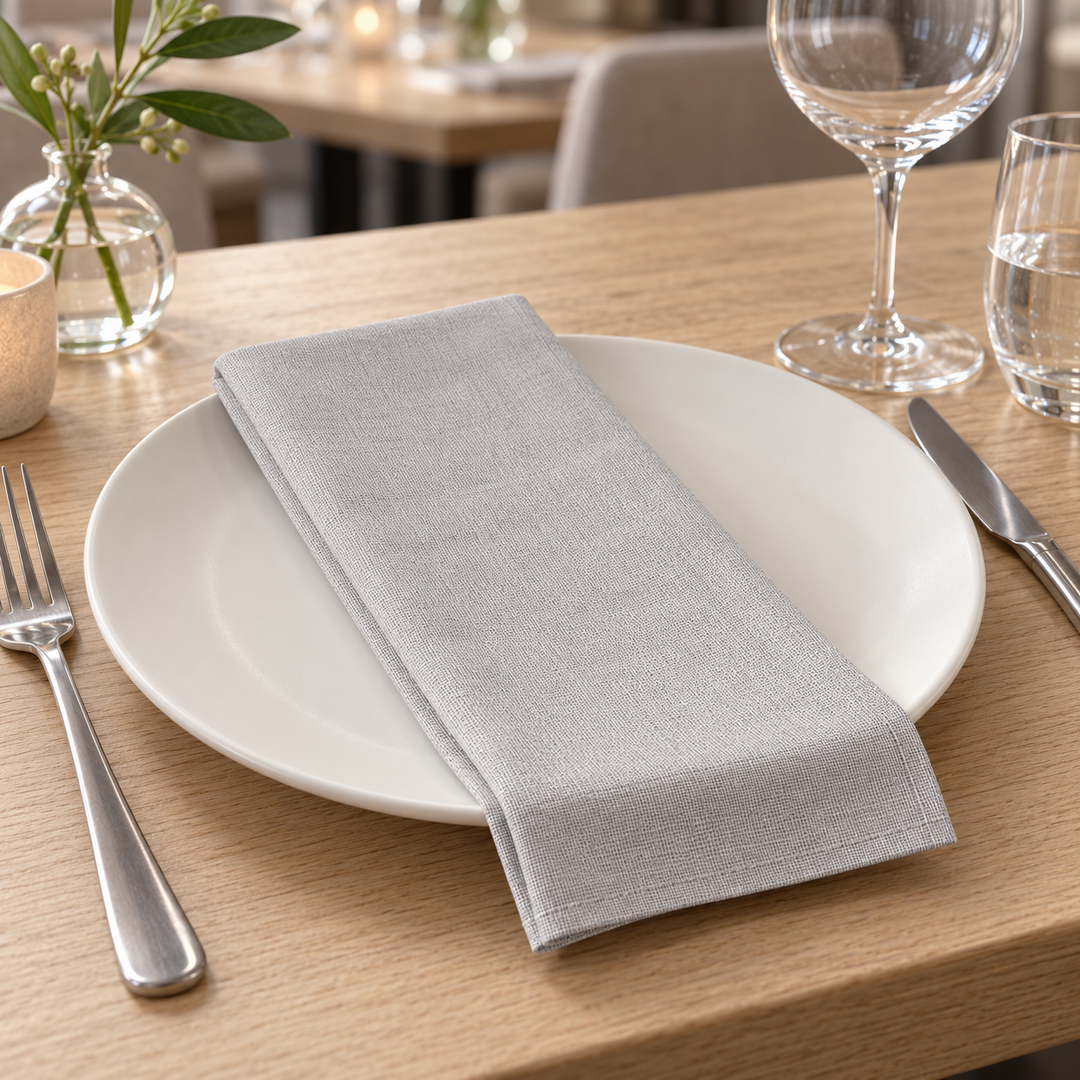 Close-up of the grey napkin’s weave and hem on a white plate in a table setting.