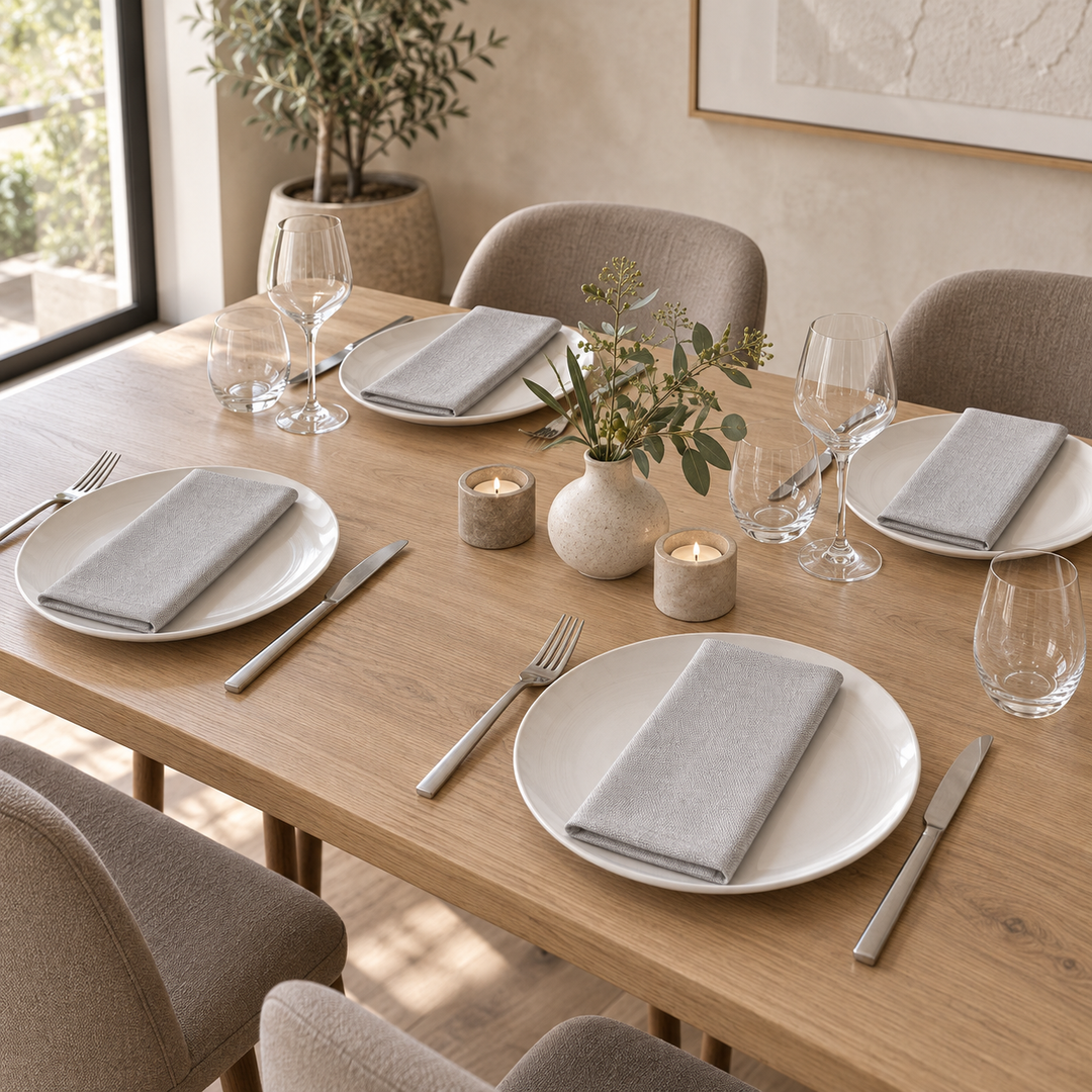 Grey napkins folded on four white plates on a wooden table with glasses and candles.