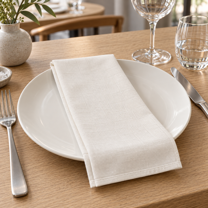 Close-up of the white napkin’s weave and hem on a plate with cutlery and glasses beside it.