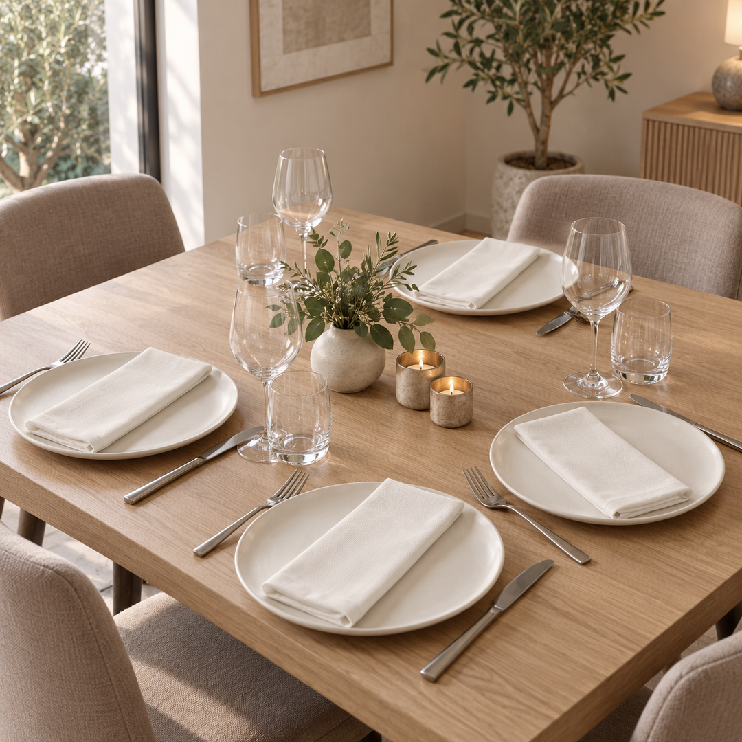 White napkins folded on four plates around a wooden table with a vase and candles.