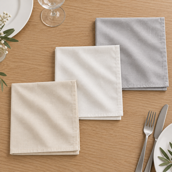 Beige, white and grey No Problem Panama napkins folded into squares and overlapping on a wooden table.