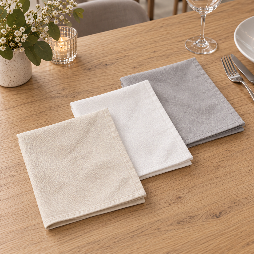 Beige, white and grey No Problem Panama napkins folded into squares on a restaurant table.