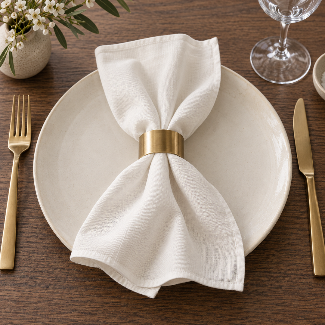 White Panama napkin loosely gathered through a gold-coloured ring on a plate, with glassware nearby.