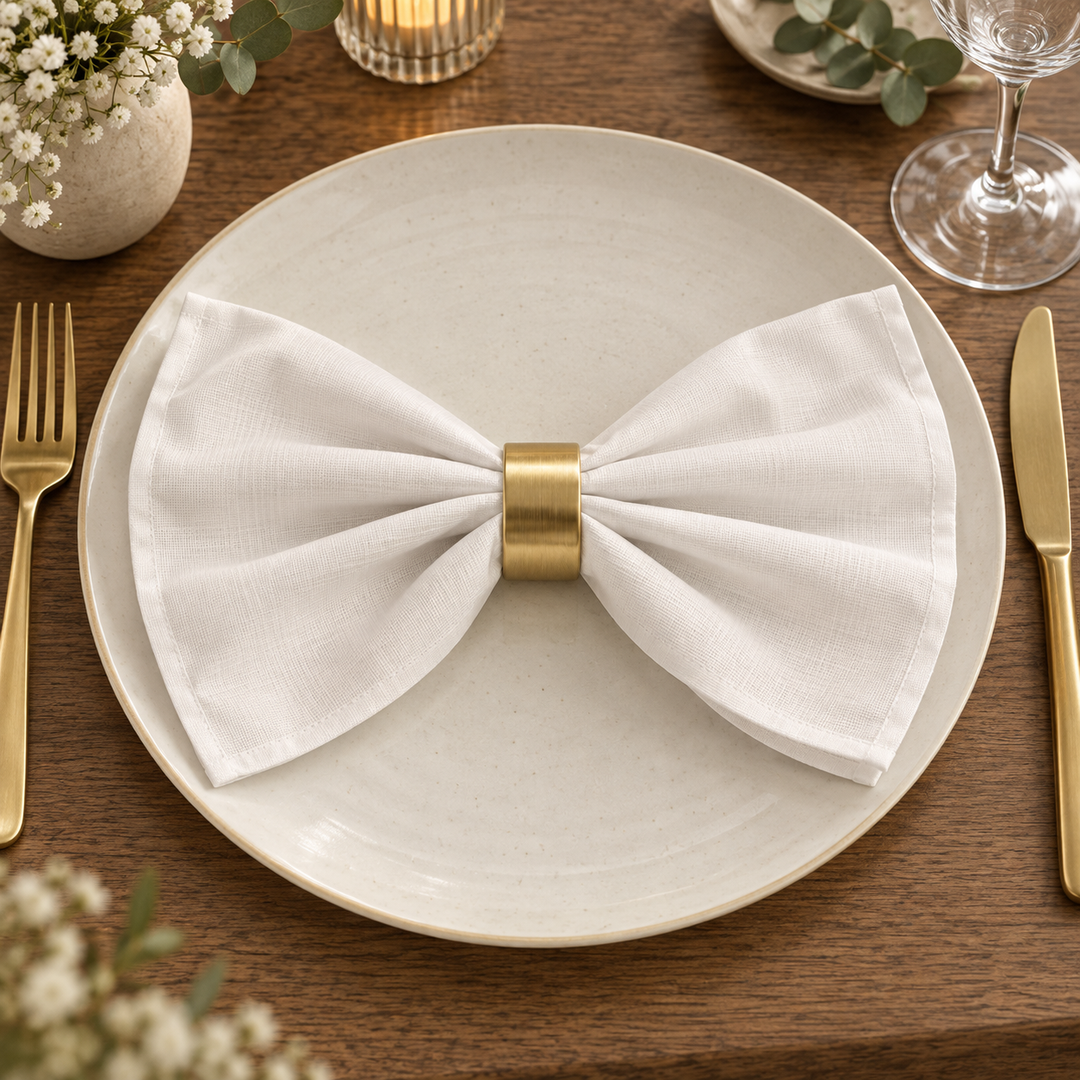 White Panama napkin folded into a wide bow through a gold-coloured ring on a plate.