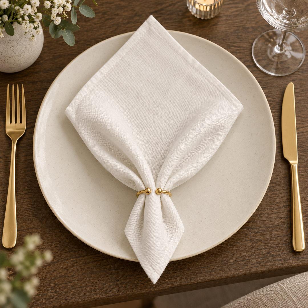 White Panama napkin in a pointed ring fold on a light plate between gold-coloured cutlery.