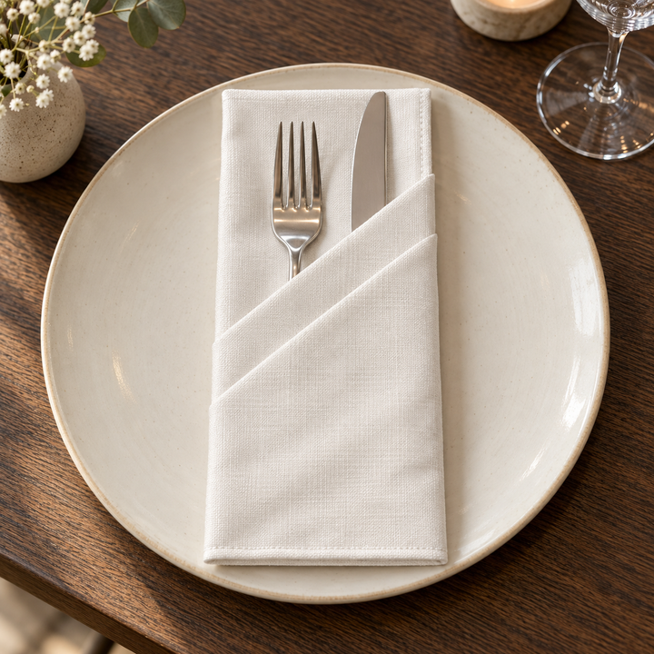 White Panama napkin folded into a diagonal pocket with a fork and knife on a light plate.