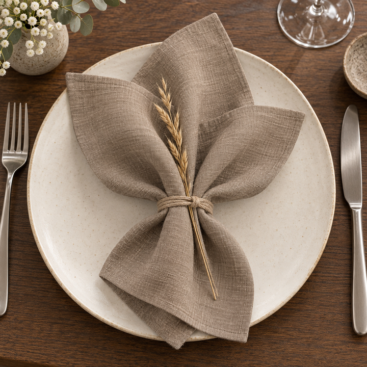 Dark linen napkin tied with twine around a dried grass stem on a light plate.