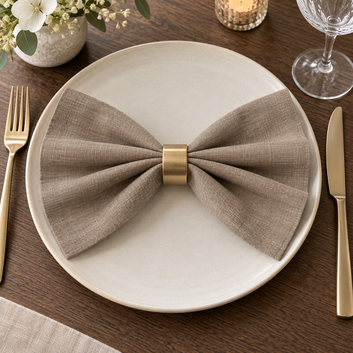 Dark linen napkin folded into a bow through a gold-coloured ring on a light plate.