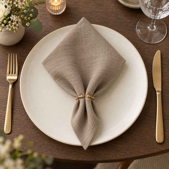 Dark linen napkin gathered through a small gold-coloured ring, with pointed ends on a light plate.