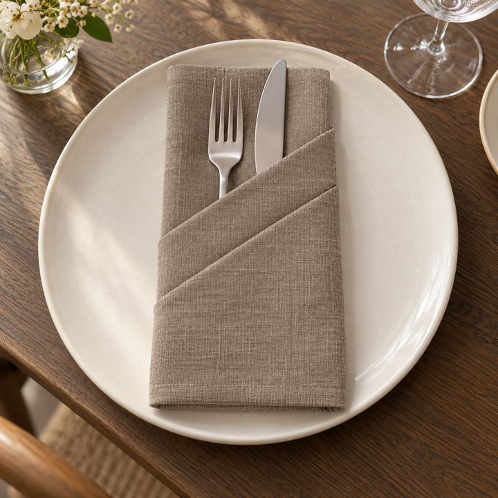 Dark linen napkin folded into a diagonal cutlery pocket holding a fork and knife on a light plate.