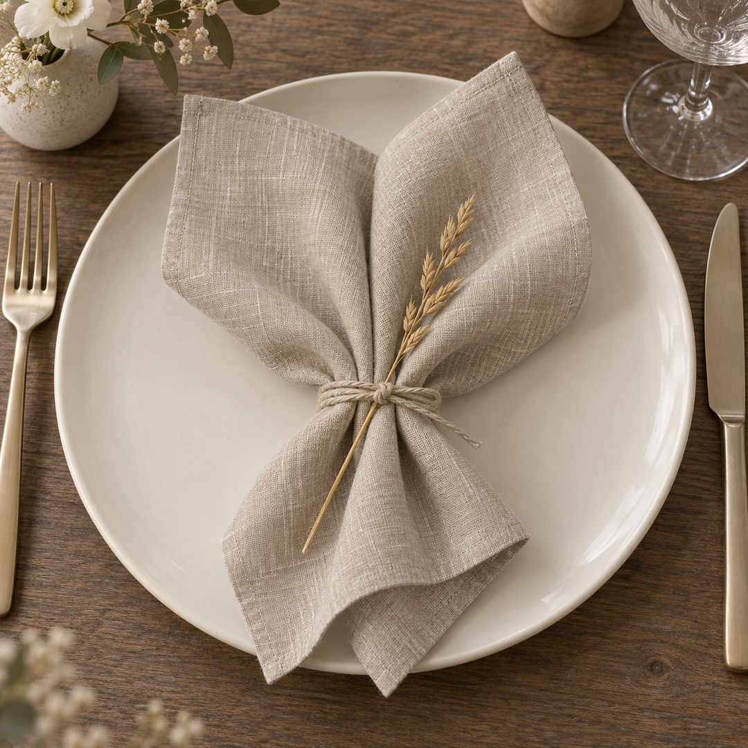 Light linen napkin tied with twine and a dried grass stem on a plate.