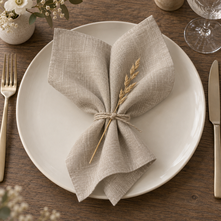 Light linen napkin tied with twine and a dried grass stem on a plate.