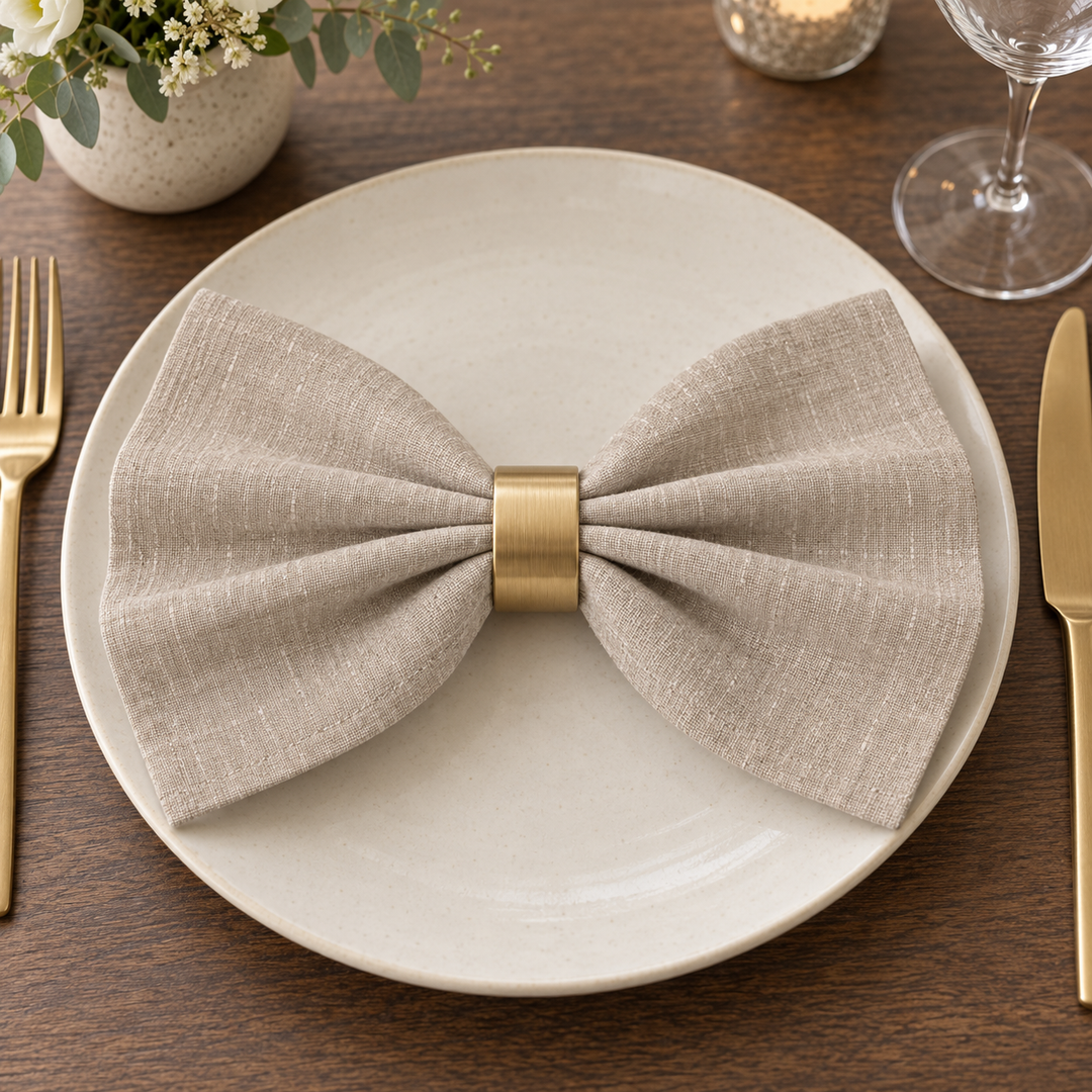 Light linen napkin folded into a bow with a gold-coloured napkin ring on a plate.