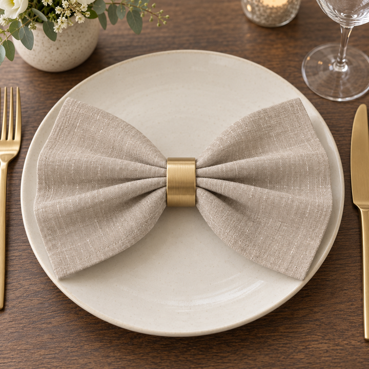 Light linen napkin folded into a bow with a gold-coloured napkin ring on a plate.