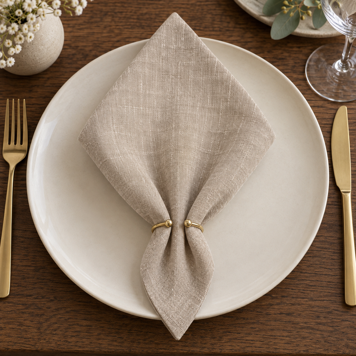 Light linen napkin in a pointed fold with a small gold-coloured ring on a light plate.