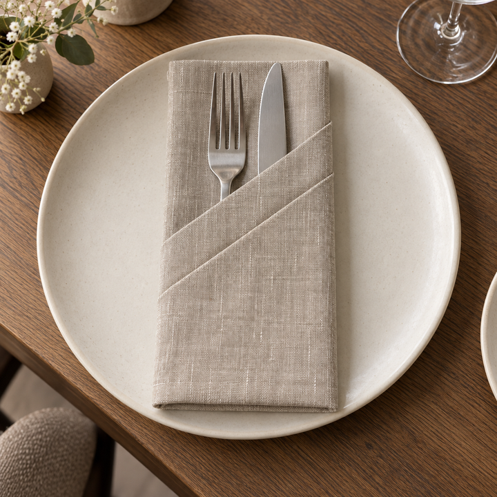 Light linen napkin folded into a diagonal cutlery pocket holding a fork and knife on a plate.