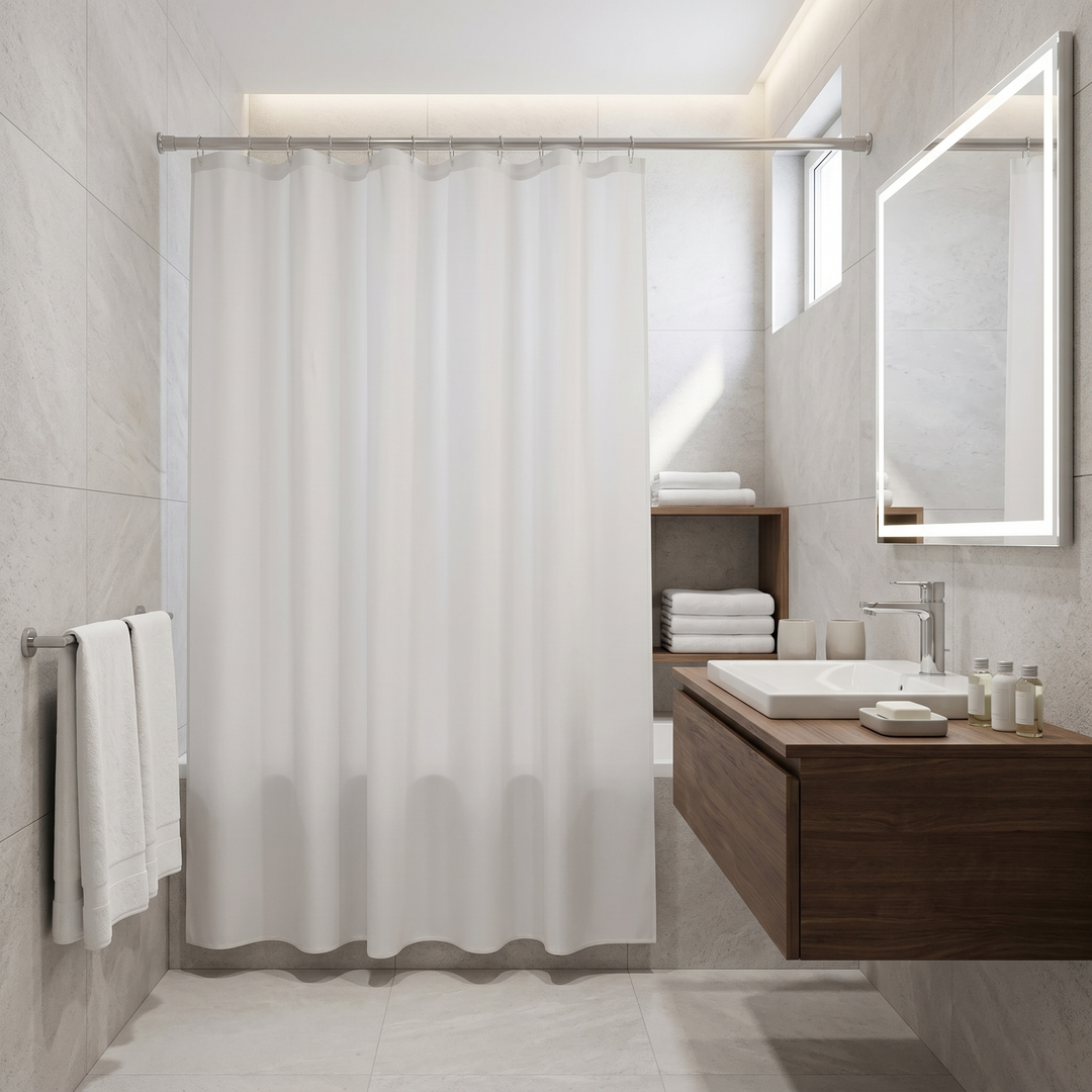 White No Problem shower curtain closed in front of a bathtub