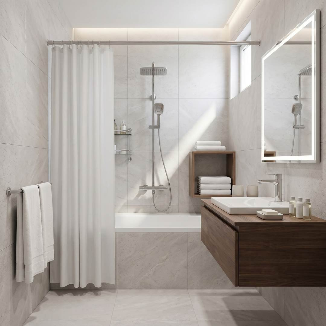 White shower curtain partly drawn aside, revealing a bathtub and shower