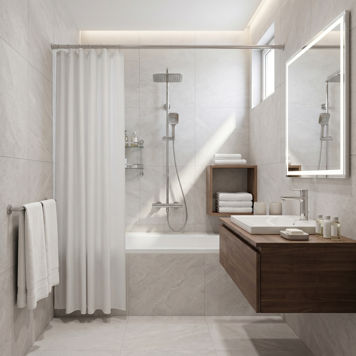 White shower curtain partly drawn aside, revealing a bathtub and shower