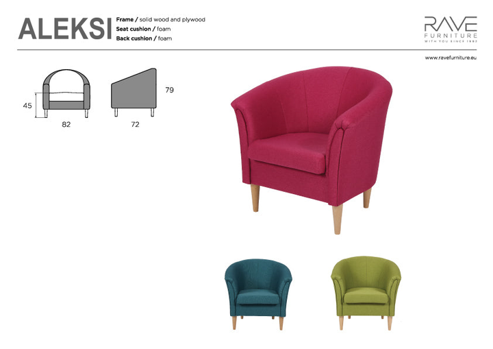 Aleksi-nojatuolin valmistajan mittakuva: leveys 82 cm, syvyys 72 cm ja korkeus 79 cm