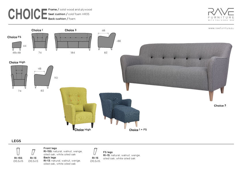 Choice-nojatuolia vastaavan Joy 1 -mallin mittakortti: 74 × 83 × 88 cm; kortissa myös muita Joy-malleja