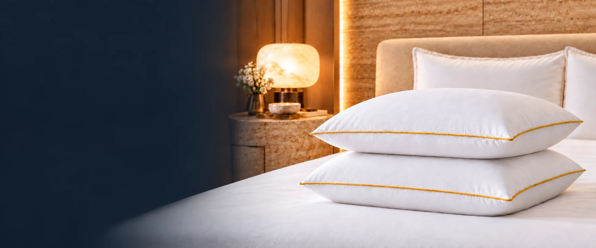 Kaksi Hotel Luxus 1300 g -tyynyä kultaisella tereellä hotellimaisessa makuuhuoneessa.