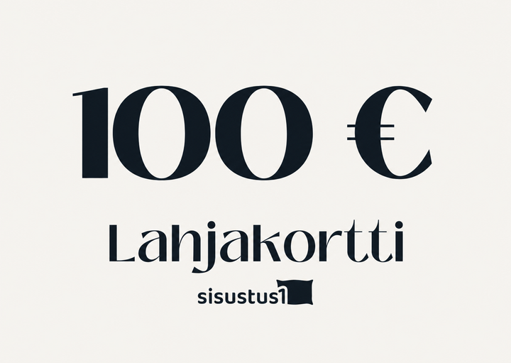 Sisustus1-lahjakortti 100 euroa – tummansininen teksti vaalealla pohjalla