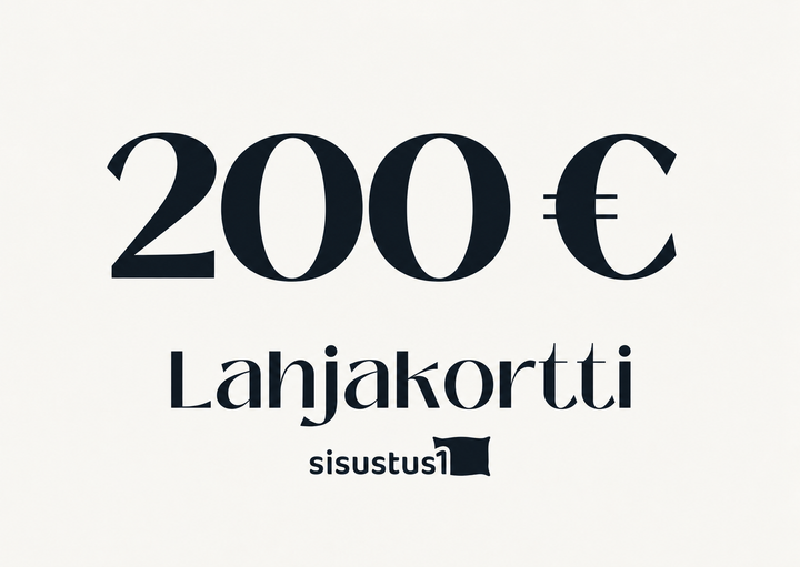 Sisustus1-lahjakortti 200 euroa – tummansininen teksti vaalealla pohjalla
