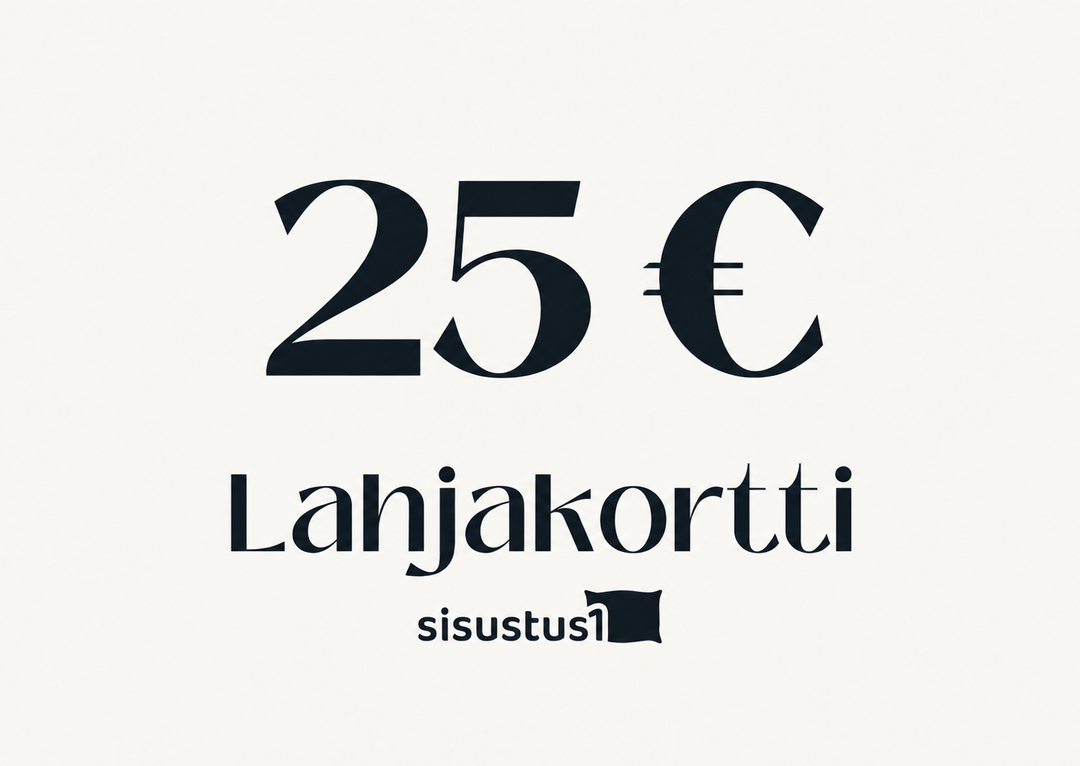 Sisustus1-lahjakortti 25 euroa – tummansininen teksti vaalealla pohjalla