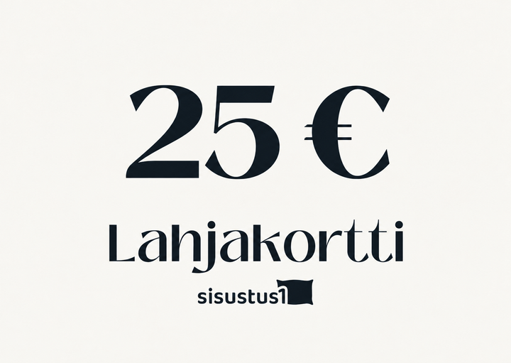 Sisustus1-lahjakortti 25 euroa – tummansininen teksti vaalealla pohjalla