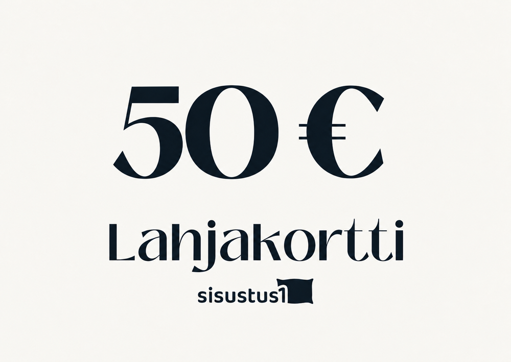 Sisustus1-lahjakortti 50 euroa – tummansininen teksti vaalealla pohjalla