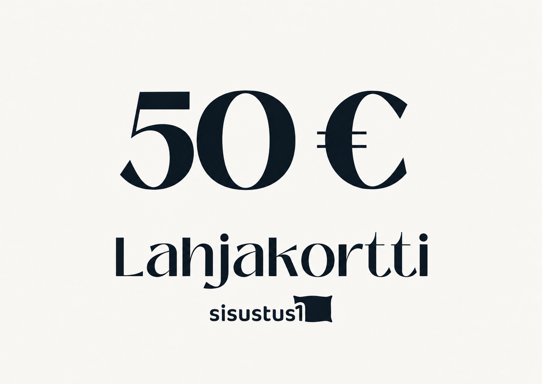 Sisustus1-lahjakortti 50 euroa – tummansininen teksti vaalealla pohjalla