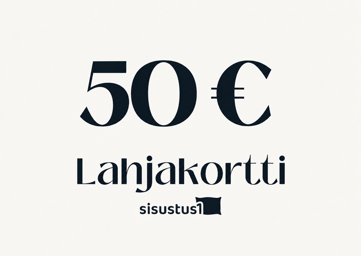 Sisustus1-lahjakortti 50 euroa – tummansininen teksti vaalealla pohjalla