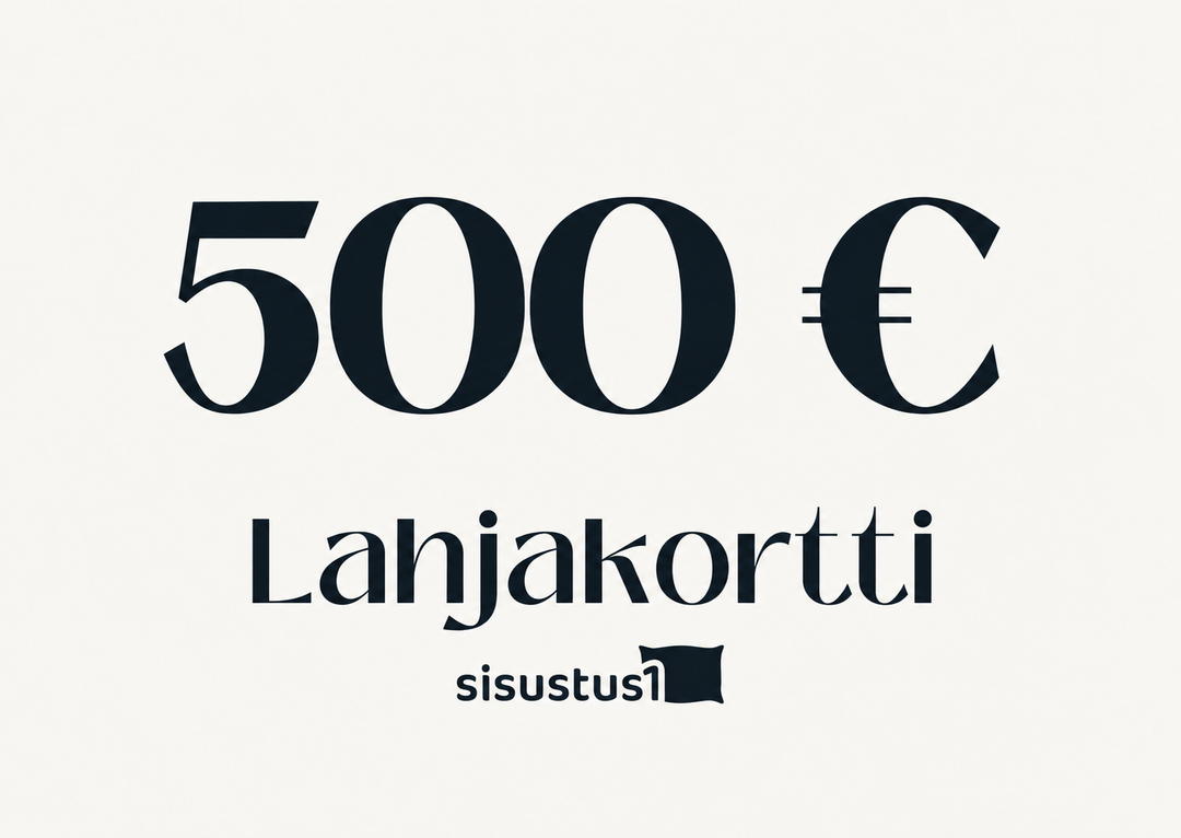 Sisustus1-lahjakortti 500 euroa – tummansininen teksti vaalealla pohjalla