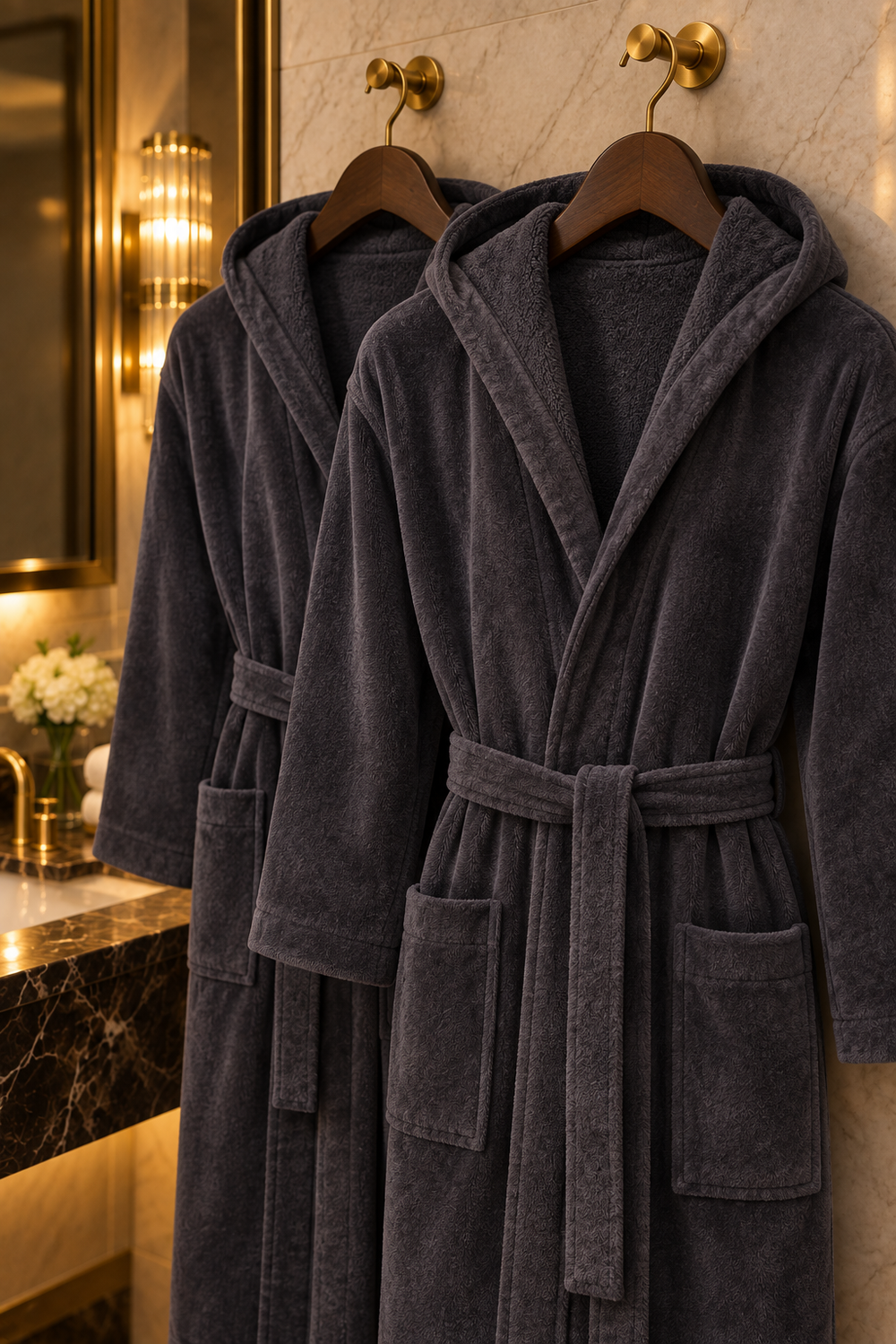Hotel Spa No Problem Kylpytakki, Huppumalli, Grafitti – kaksi kylpytakkia puuhenkareissa, materiaalin ja kauluksen lähikuva