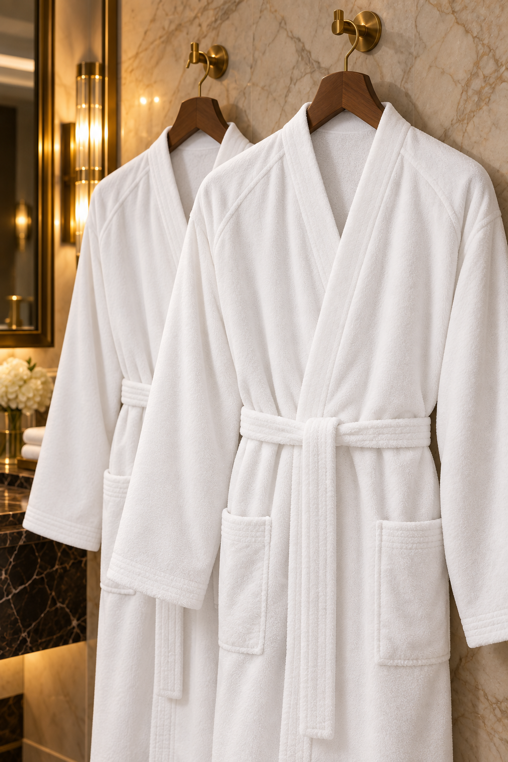 Hotel Spa No Problem Kimono Kylpytakki, Valkoinen – kaksi kylpytakkia puuhenkareissa, materiaalin ja kauluksen lähikuva