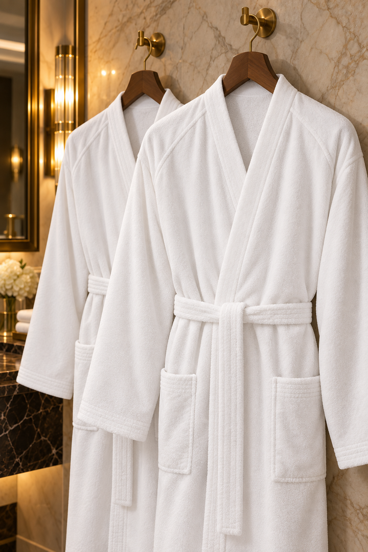 Hotel Spa No Problem Kimono Kylpytakki, Valkoinen – kaksi kylpytakkia puuhenkareissa, materiaalin ja kauluksen lähikuva