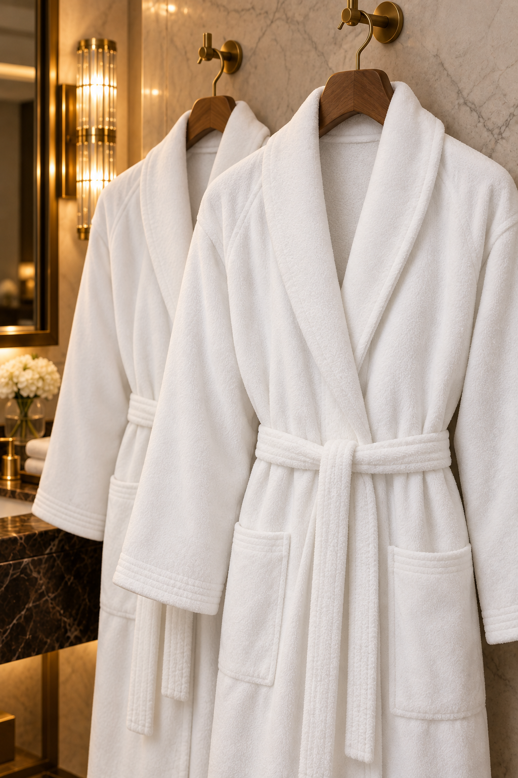 Hotel Spa No Problem Kylpytakki, Shaalikaulus, Valkoinen – kaksi kylpytakkia puuhenkareissa, materiaalin ja kauluksen lähikuva