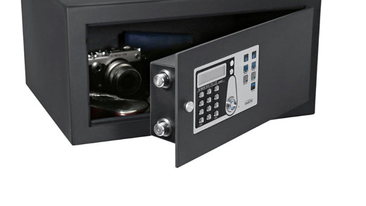 Close-up of an open Indel B safe door, locking bolts and keypad