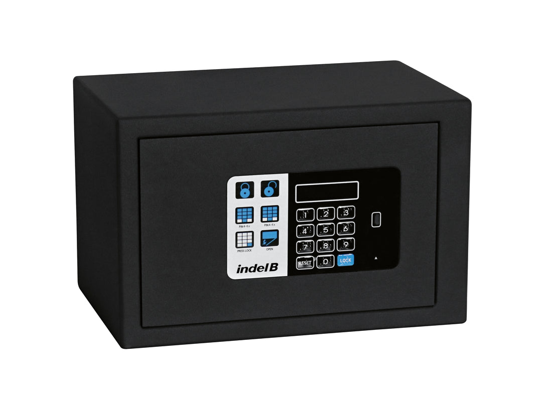 Black Indel B safe from the front with a digital keypad on the door